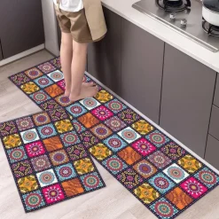 Boho Style Kitchen Mat Kitchen Rug Set of 2 Pcs,Perfect for Kitchen, Bathroom, Living Room, Soft, Absorbent Microfiber Material, Non-Slip, Easy Clean Machine Washable Floor Runner