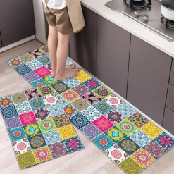 Boho Style Kitchen Mat Kitchen Rug Set of 2 Pcs,Perfect for Kitchen, Bathroom, Living Room, Soft, Absorbent Microfiber Material, Non-Slip, Easy Clean Machine Washable Floor Runner