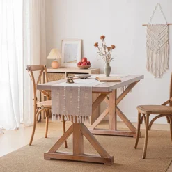 Boho Table Runner for Home Decor 72 Inches Long Farmhouse Rustic Table Runner Cream & Brown Macrame Table Runner with Tassels for Dining Living Room Bedroom Decor Bridal Shower