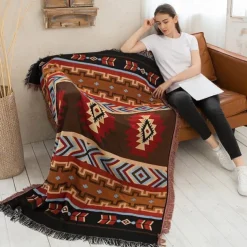 Boho Throw Blanket, Colorful Chenille Woven Bohemian Sofa Slipcover Recliner Loveseat Furniture Cover Aztec Hippie Throws Blankets
