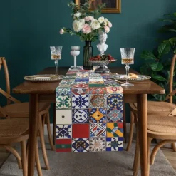 Boho Tile Splicing Print Country Style Table Runner, Kitchen Dining Table Decor, Print Decor Table Runners for Indoor Outdoor Home Farmhouse Holiday Wedding Birthday Party Decoration