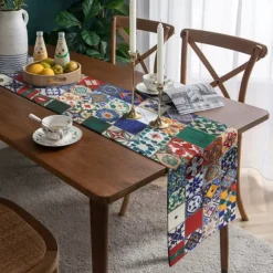 Boho Tile Splicing Print Country Style Table Runner, Kitchen Dining Table Decor, Print Decor Table Runners for Indoor Outdoor Home Farmhouse Holiday Wedding Birthday Party Decoration