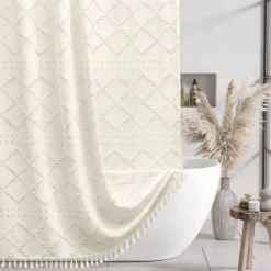 Boho White Woven Fabric Shower Curtain with Tassel 180cm 70" Modern Farmhouse Minimalist, Tufted Chevron Striped Shabby Chic Textured, Water Resistant Cloth Curtain for Bathroom, Hotel Decor