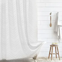 Boho White Woven Fabric Shower Curtain with Tassel 180cm 70