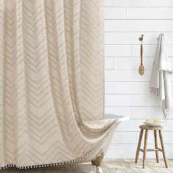 Boho White Woven Fabric Shower Curtain with Tassel 180cm 70