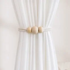 Boho Wooden Ball Curtain Tiebacks with Wood Beads Handmade Weave Rope Curtain Holders Window Drapes Holdbacks Strap Beige