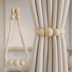 Boho Wooden Ball Curtain Tiebacks with Wood Beads Handmade Weave Rope Curtain Holders Window Drapes Holdbacks Strap Beige