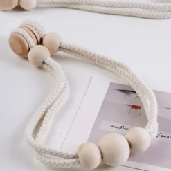 Boho Wooden Ball Curtain Tiebacks with Wood Beads Handmade Weave Rope Curtain Holders Window Drapes Holdbacks Strap Beige