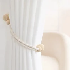 Boho Wooden Ball Curtain Tiebacks with Wood Beads Handmade Weave Rope Curtain Holders Window Drapes Holdbacks Strap Beige