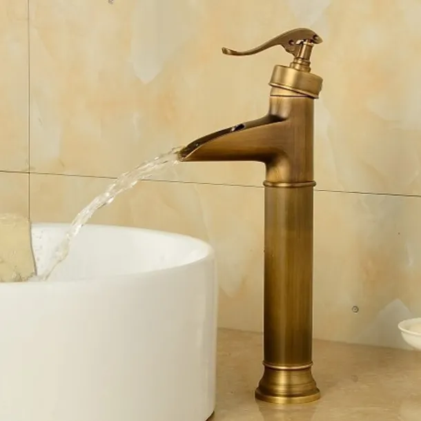 Brass Antique Bronze Bathroom Sink Faucet, Wall Mount Waterfall Single Handle One Hole Bath Taps with Hot and Cold Switch and Ceramic Valve
