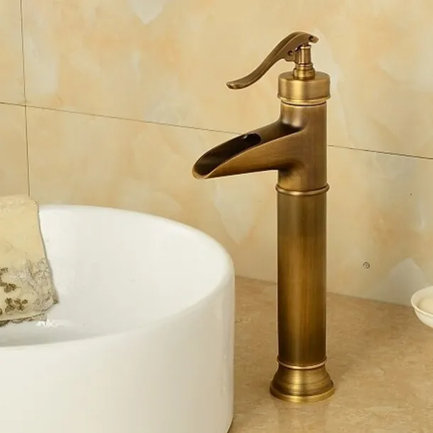 Brass Antique Bronze Bathroom Sink Faucet, Wall Mount Waterfall Single Handle One Hole Bath Taps with Hot and Cold Switch and Ceramic Valve