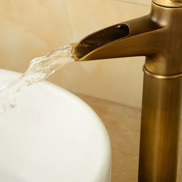Brass Antique Bronze Bathroom Sink Faucet, Wall Mount Waterfall Single Handle One Hole Bath Taps with Hot and Cold Switch and Ceramic Valve