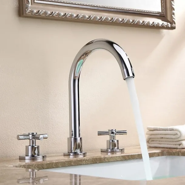 Brass Bathroom Faucet, Chrome Two Handles Three Holes Widerspread Contemporary Bathroom Sink Faucet with Hot and Cold Water