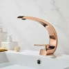 Brass Bathroom Sink Faucet Rose Gold Bend Shape Centerset Single Handle One Hole Faucet Set with Cold and Hot Water