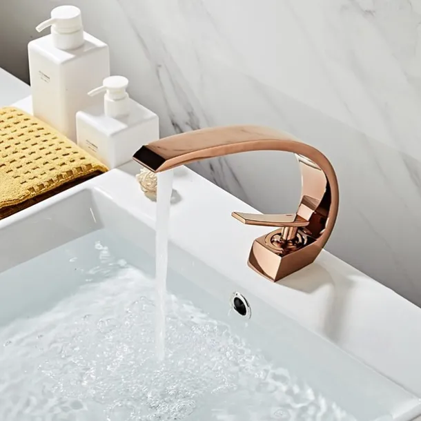 Brass Bathroom Sink Faucet Rose Gold Bend Shape Centerset Single Handle One Hole Faucet Set with Cold and Hot Water