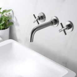 Brass Bathroom Sink Faucet,Wall Mount Widespread Rotatable Rose Gold Two Handles Three HolesBath Taps With Hot and Cold Water