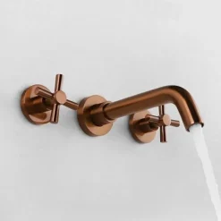 Brass Bathroom Sink Faucet,Wall Mount Widespread Rotatable Rose Gold Two Handles Three HolesBath Taps With Hot and Cold Water