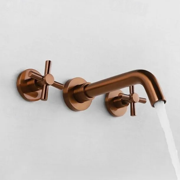Brass Bathroom Sink Faucet,Wall Mount Widespread Rotatable Rose Gold Two Handles Three HolesBath Taps With Hot and Cold Water