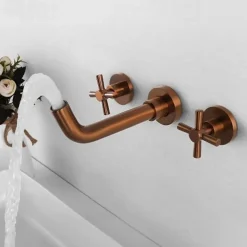 Brass Bathroom Sink Faucet,Wall Mount Widespread Rotatable Rose Gold Two Handles Three HolesBath Taps With Hot and Cold Water