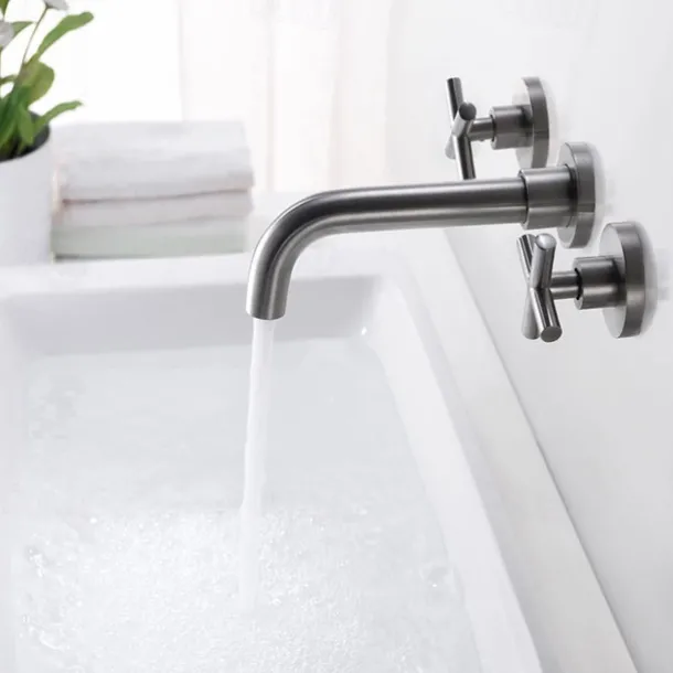 Brass Bathroom Sink Faucet,Wall Mount Widespread Rotatable Rose Gold Two Handles Three HolesBath Taps With Hot and Cold Water