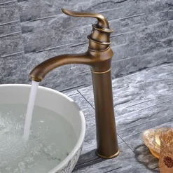 Brass Bathroom Sink Faucet,Waterfall Antique Brass Widespread Water Flow Single Handle One Hole Bath Taps with Hot and Cold Switch