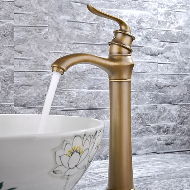 Brass Bathroom Sink Faucet,Waterfall Antique Brass Widespread Water Flow Single Handle One Hole Bath Taps with Hot and Cold Switch