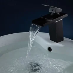 Brass Bathroom Sink Faucet,Waterfall Oil-rubbed Bronze Single Handle One Hole Water Flow LED Power Source Bath Taps with Zinc Alloy Handle Material, Ceramic Valve,and Cold/Hot Switch