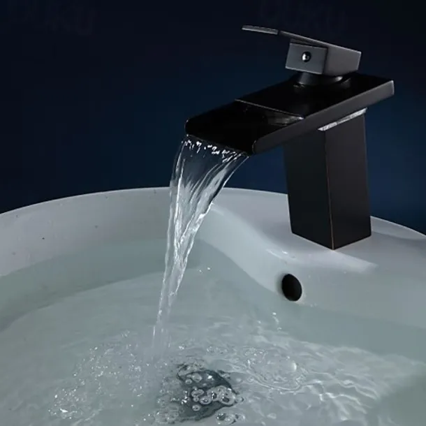 Brass Bathroom Sink Faucet,Waterfall Oil-rubbed Bronze Single Handle One Hole Water Flow LED Power Source Bath Taps with Zinc Alloy Handle Material, Ceramic Valve,and Cold/Hot Switch