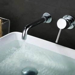 Brass Bathroom Sink Faucet,Silvery Wall Mount Chrome Single Handle Two Holes Bath Taps with Hot and Cold Switch