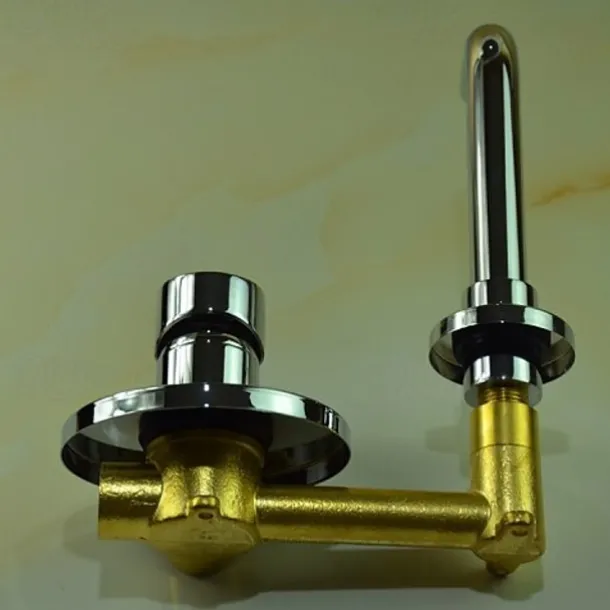 Brass Bathroom Sink Faucet,Silvery Wall Mount Chrome Single Handle Two Holes Bath Taps with Hot and Cold Switch