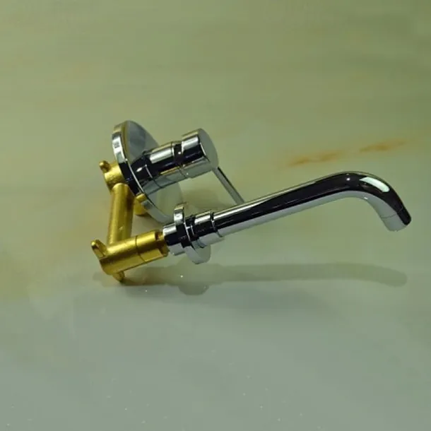 Brass Bathroom Sink Faucet,Silvery Wall Mount Chrome Single Handle Two Holes Bath Taps with Hot and Cold Switch