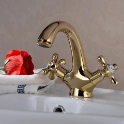 Brass Bathroom Sink Faucet,Centerset Ti-PVD Centerset Two Handles One Hole Bath Taps with Cold and Hot Switch