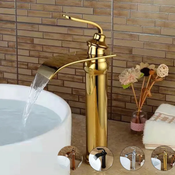 Brass Bathroom Sink Faucet,Waterfall Rose Gold Centerset Single Handle One Hole Bath Taps with Hot and Cold Water