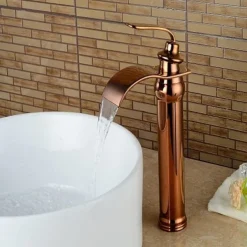 Brass Bathroom Sink Faucet,Waterfall Rose Gold Centerset Single Handle One Hole Bath Taps with Hot and Cold Water