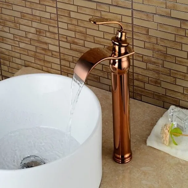 Brass Bathroom Sink Faucet,Waterfall Rose Gold Centerset Single Handle One Hole Bath Taps with Hot and Cold Water