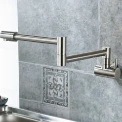 Brass Kitchen Faucet, Wall Mounted Pot Filler Single Handle One Hole Nickel Brushed Rotatable and Pre Rinse Kitchen Taps with Cold Water Only