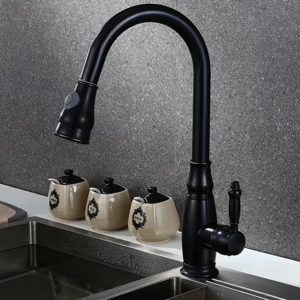 Brass Kitchen Faucet,Single Handle One Hole Oil-rubbed Bronze Pull-out Spray Widespread Tall High Arc Vessel Antique Kitchen Taps with Hot and Cold Switch