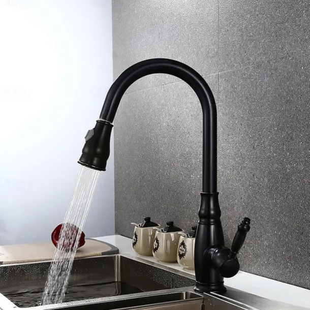 Brass Kitchen Faucet,Single Handle One Hole Oil-rubbed Bronze Pull-out Spray Widespread Tall High Arc Vessel Antique Kitchen Taps with Hot and Cold Switch