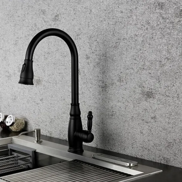 Brass Kitchen Faucet,Single Handle One Hole Oil-rubbed Bronze Pull-out Spray Widespread Tall High Arc Vessel Antique Kitchen Taps with Hot and Cold Switch