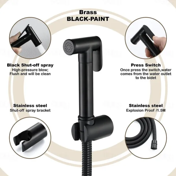 Brass Single Hole Bidet Painted Finishes Black Toilet Handheld Bidet Sprayer Self-Cleaning Contemporary Clean Spray Gun