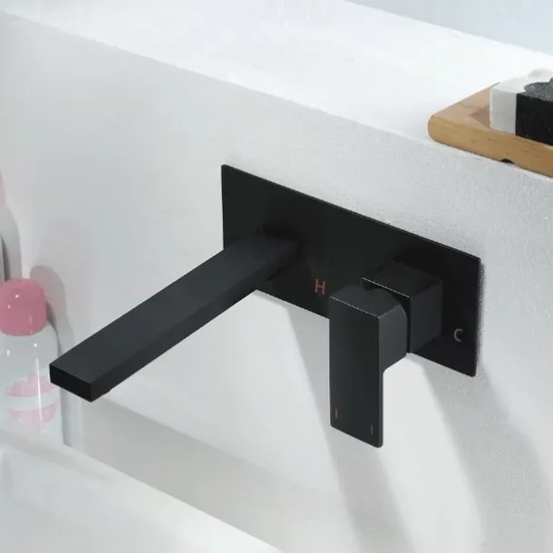 Brass Wall Mount Bathroom Sink Faucet,Black Single Handle One Hole Bath Taps with Hot and Cold Switch