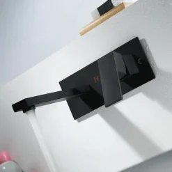 Brass Wall Mount Bathroom Sink Faucet,Black Single Handle One Hole Bath Taps with Hot and Cold Switch