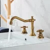 Brass Bathroom Faucet, Brushed Finish Antique Copper Two Handles Three Holes Widespread Bathroom Sink Faucet Contain with Cold and Hot Switch