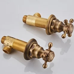 Brass Bathroom Faucet, Brushed Finish Antique Copper Two Handles Three Holes Widespread Bathroom Sink Faucet Contain with Cold and Hot Switch