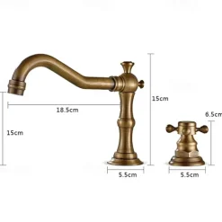 Brass Bathroom Faucet, Brushed Finish Antique Copper Two Handles Three Holes Widespread Bathroom Sink Faucet Contain with Cold and Hot Switch