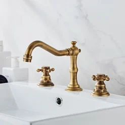 Brass Bathroom Faucet, Brushed Finish Antique Copper Two Handles Three Holes Widespread Bathroom Sink Faucet Contain with Cold and Hot Switch