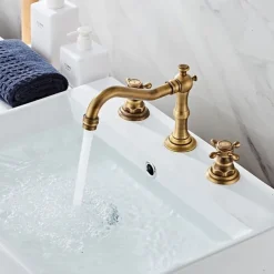 Brass Bathroom Faucet, Brushed Finish Antique Copper Two Handles Three Holes Widespread Bathroom Sink Faucet Contain with Cold and Hot Switch