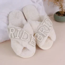 Bride Fuzzy Slippers for Women, Faux Fur Bridal Slippers with Rhinestone Letters, Bachelorette Party Gift, Wedding Day Getting Ready Slippers, Plush House Slippers for Bride-to-Be, Bridal Shower Gift