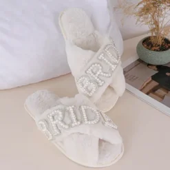 Bride Fuzzy Slippers for Women, Faux Fur Bridal Slippers with Rhinestone Letters, Bachelorette Party Gift, Wedding Day Getting Ready Slippers, Plush House Slippers for Bride-to-Be, Bridal Shower Gift