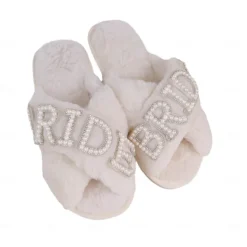 Bride Fuzzy Slippers for Women, Faux Fur Bridal Slippers with Rhinestone Letters, Bachelorette Party Gift, Wedding Day Getting Ready Slippers, Plush House Slippers for Bride-to-Be, Bridal Shower Gift